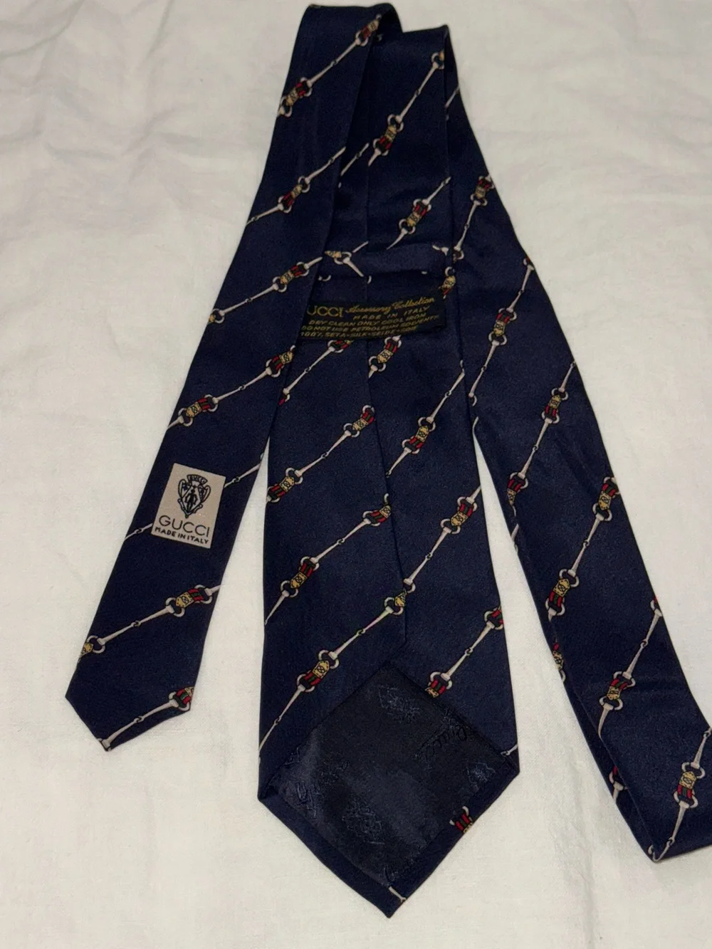 Vintage Gucci silk horsebit equestrian iconic striped Blue Tie